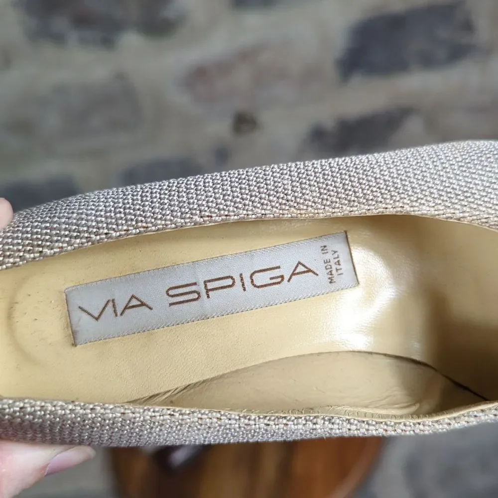 VTG‎ Via Spiga Womens 6B Beige Woven Fabric Block Heel Pumps Made in Italy 52